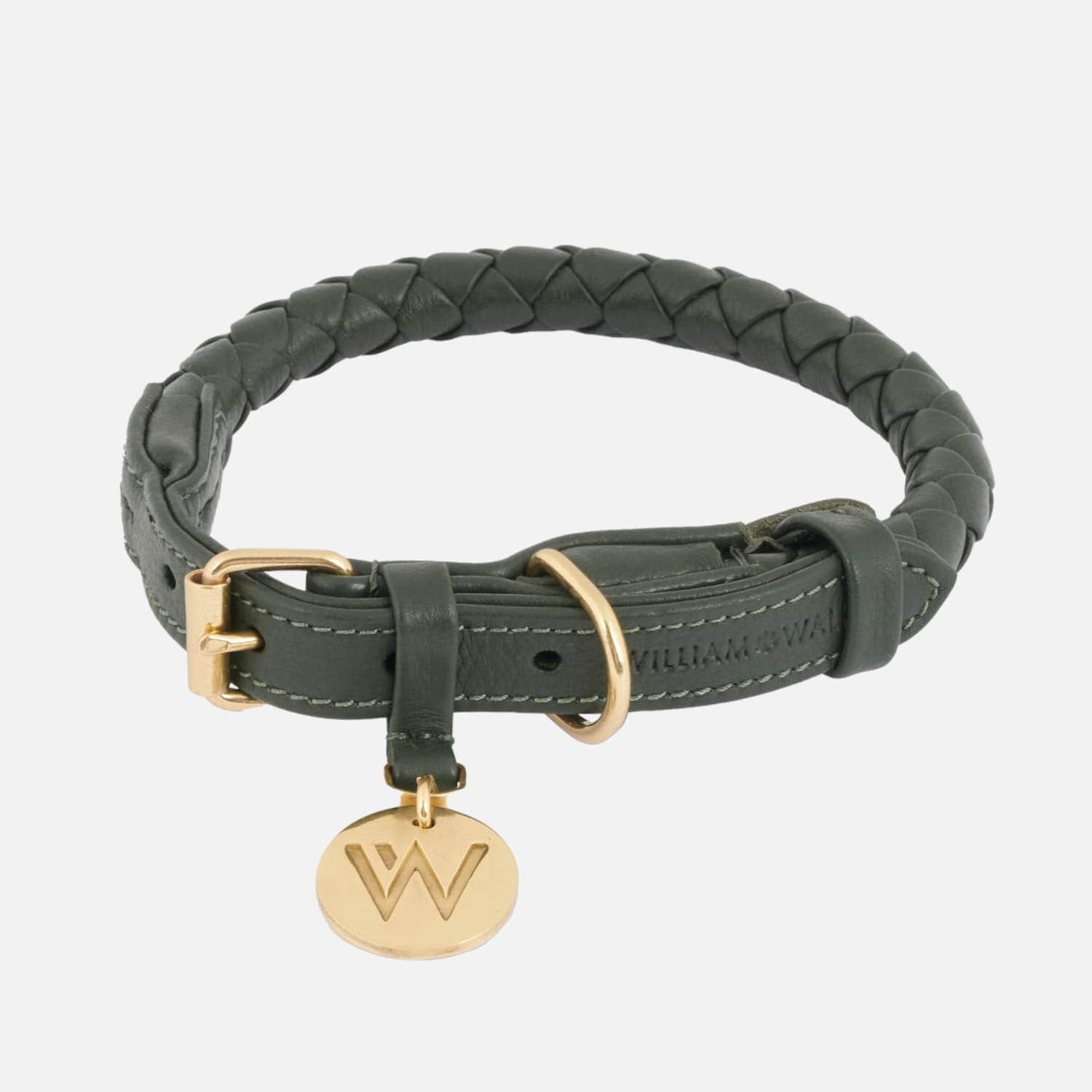 Hochwertiges rund geflochtenes Hundehalsband aus Leder Dark Moss  (Dunkelgrn) - von William Walker
